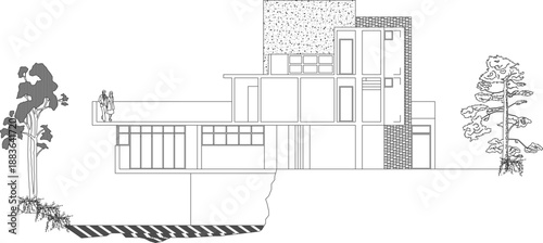 Description: A comprehensive architectural vector collection featuring detailed floor plans, sections, and elevations of a modern multi-level residence. The set includes spatial interior layouts, stru