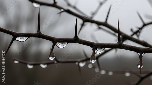 Extreme close-up of thorny branches covered in fresh raindrops on a dark, moody background.