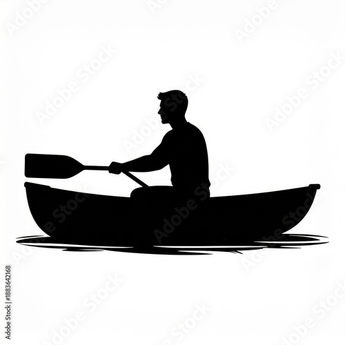 Silhouette of a Man Rowing a Canoe on Calm Water Under Bright Lighting