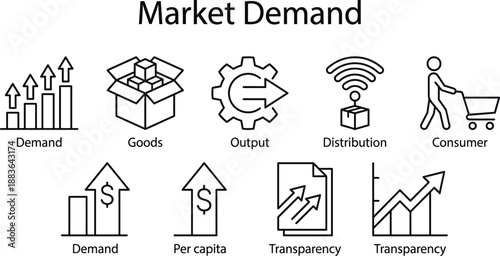Market demand icon set for economic analysis and business planning