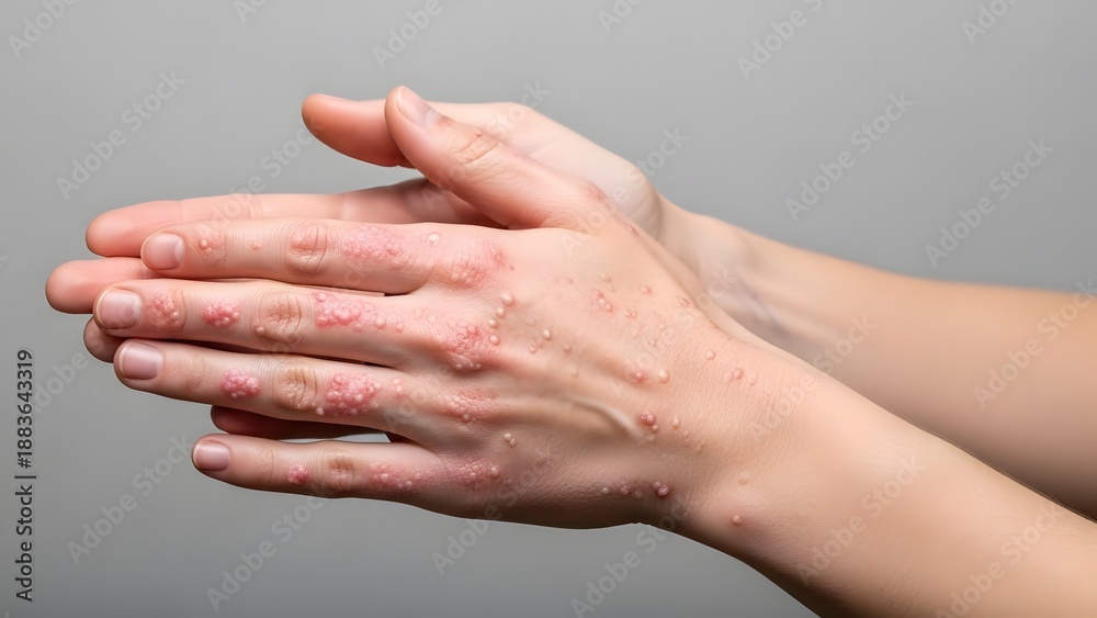 Fototapeta premium Pair of female hands resting palms up against a neutral background, ready for care or treatment.