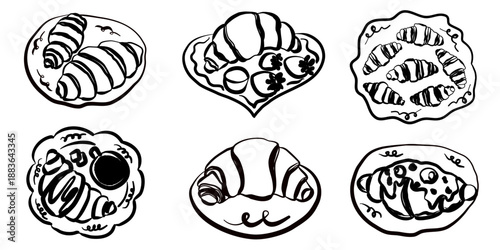Doodle croissant Italian dessert set. Crayon sketch croissants icons for breakfast and brunch. Vector illustration for cafe or restaurant menu design, print , poster design.