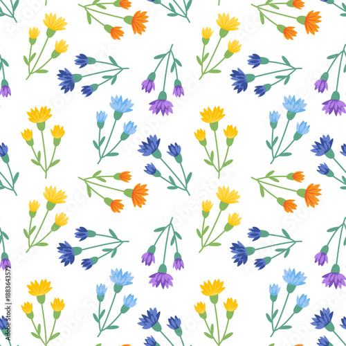 Seamless pattern with stylized colorful cornflowers for spring and summer design. 