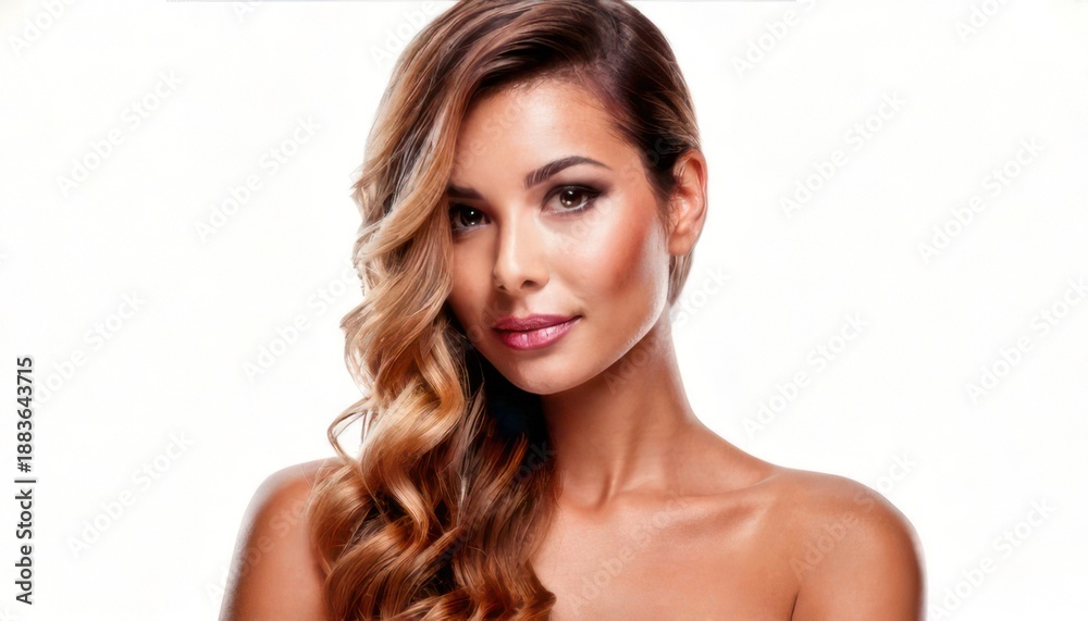 Fototapeta premium Beautiful Woman with Long Curly Hair Portrait.