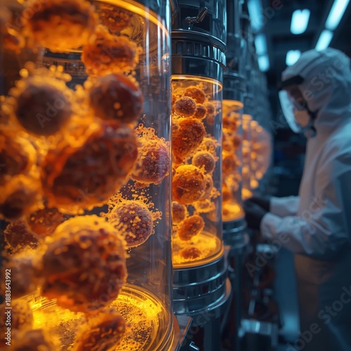 A scientist in a lab coat examines glowing virus samples in a futuristic laboratory setting.
