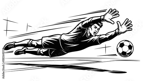 Goalkeeper diving to save soccer ball.