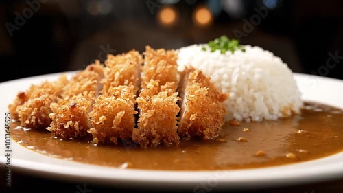Delicious Japanese Tonkatsu Katsu Curry with rice and rich sauce, garnished with green onions.