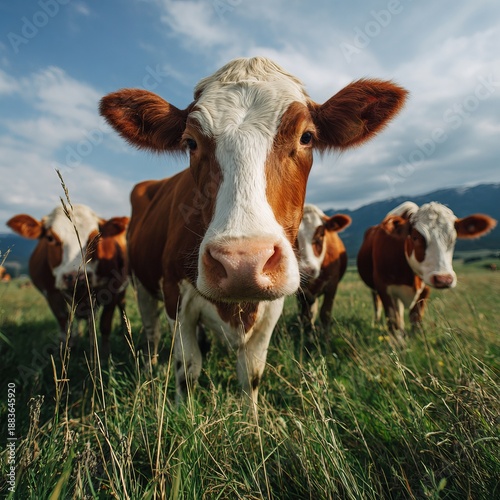Cows grazing on lush green grass in a spacious pasture during a beautiful spring day