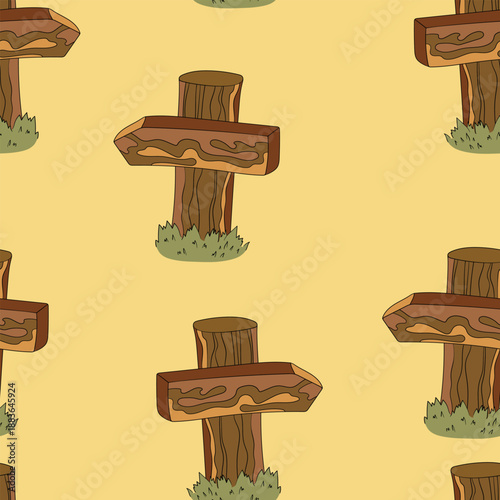 Seamless pattern with hand drawn road signs. Wooden signs with arrows. Nice design. Cartoon vector illustration for fabris, textile.