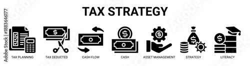 Tax Strategy web banner icon vector illustration concept with icon of tax planning, tax deducted, cash flow, cash management, asset management, investment strategy, and financial literacy.