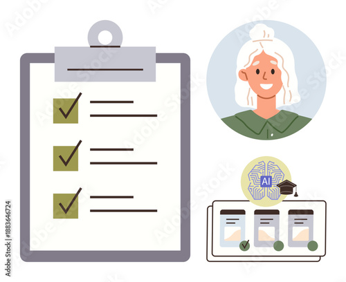 Digital identity, user authentication, AI technology, task management, online verification, data organization. Features clipboard checklist, user avatar AI symbol and document icons. Focus on