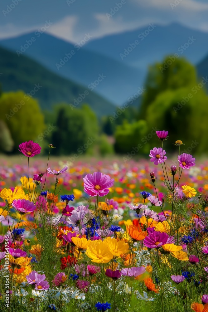 Fototapeta premium Colorful wildflowers blooming in mountain meadow field. Colorful wildflowers blooming profusely across a vibrant meadow with blurred mountains in background