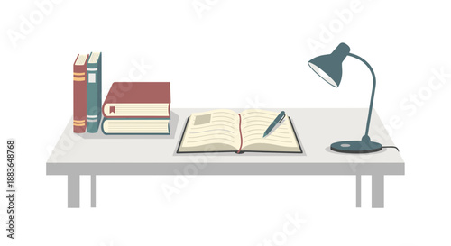 A desk with books, an open book, a pen, and a lamp