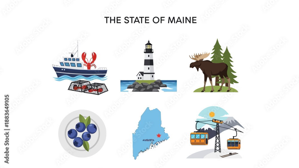 Fototapeta premium Collection of Iconic Maine Symbols and Attractions Showcasing the State's Natural Beauty, Rich Culture, and Diverse Outdoor Activities