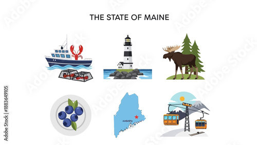 Collection of Iconic Maine Symbols and Attractions Showcasing the State's Natural Beauty, Rich Culture, and Diverse Outdoor Activities