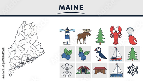 Maine State Icons A Collection of Symbols Representing the State of Maine Including its Famous Landmarks and Wildlife