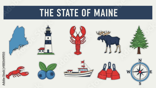 Iconic symbols of Maine vector illustration, featuring lighthouse, lobster, moose, pine tree, and coastal elements. Ideal for travel and regional themes