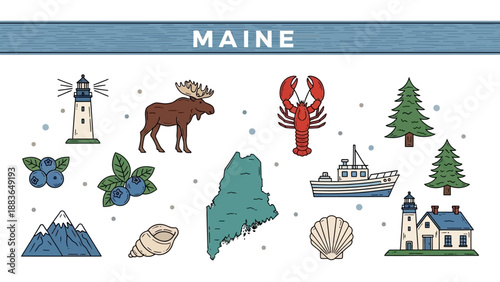 Explore Maine's picturesque charm with a collection of vibrant vector illustrations showcasing its iconic symbols like lighthouses, moose, lobster, and serene natural beauty