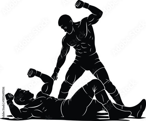 Intense mixed martial arts fight silhouette showing ground combat action, powerful athletes training, strength, discipline, endurance, and competitive combat sports energy