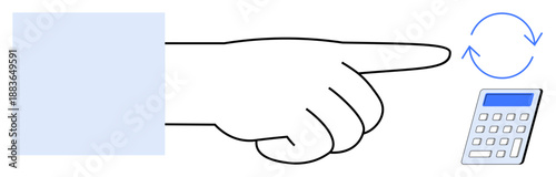 Business automation, financial transactions, budgeting, calculations, resetting, productivity. A hand pointing to a calculator with a circular arrow. Business automation and financial transactions