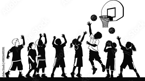 Silhouette of diverse children playing basketball together, joyful youth teamwork action near hoop in playful outdoor sports scene