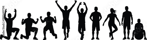 Athlete fitness silhouette sequence showing men and women in dynamic exercise poses, strength training, workout progression, healthy lifestyle, sports motivation isolated on white background