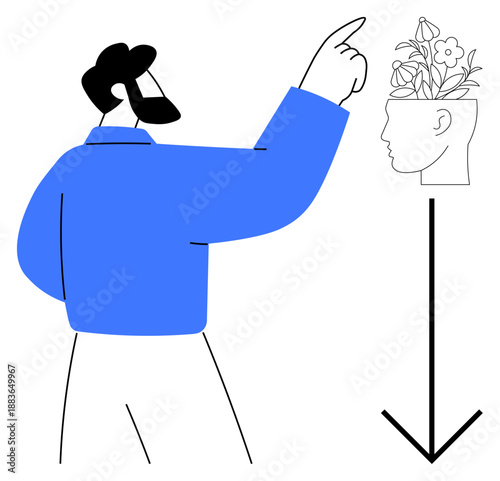 Man pointing towards a flower-filled head vase, symbolizing ideas, creativity, personal growth, mindfulness, inspiration, education, and inner potential a clean, simple flat metaphor