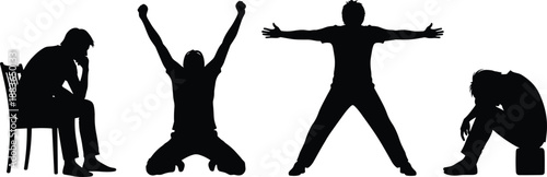 Human emotions silhouette illustration showing man expressing depression hope struggle and recovery across mental health concept stages journey