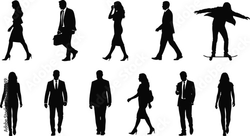 People silhouette collection showing business professionals and casual individuals walking, urban lifestyle activities, work, commute and leisure movement sequence isolated on white background