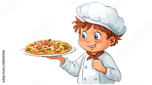 Cute Boy Chef Cartoon Holding Pizza Vector with Outline Isolated