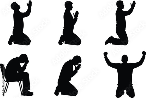 Prayer silhouette illustration showing man kneeling praying worshiping expressing faith hope repentance devotion spiritual emotion during religious meditation moments