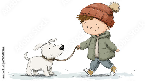 Playful Boy and Dog Cartoon Vector Illustration on White Background