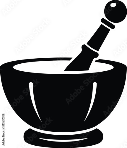 Minimal vector silhouette, vintage apothecary mortar and pestle with rounded bowl and pestle resting inside, solid black, isolated on white.