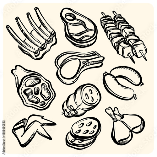 Hand Drawn Meat and Steak Illustration Set - Raw and Grilled Butcher Shop Food Doodles
