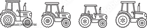 Set of 4 agricultural tractor icons in thin line art style, farm machinery and heavy equipment vector illustrations for farming logo, agribusiness, and industrial design.