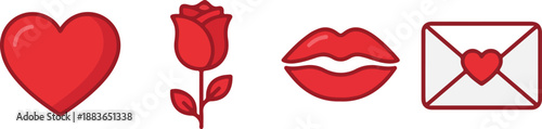 Graphic illustration of Valentine's Day icons including a heart, rose, lips, and sealed envelope with a heart on a white background.