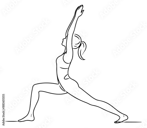 Line art illustration of a woman depicting a warrior yoga pose for health and fitness
