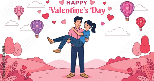 Illustration of a man holding a woman in a whimsical Valentine's Day scene with hot air balloons and hearts.