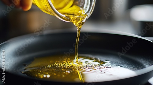 This is an image of someone pouring olive oil into a skillet for cooking. The focus is on the action of adding the oil to the pan, emphasizing the preparation process in food preparation.