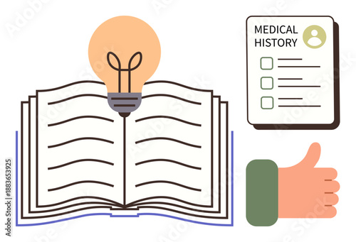 Education, healthcare, research, innovation, medical history, inspiration. Open book with a light bulb icon, checklist and thumbs up. Education and healthcare knowledge and care