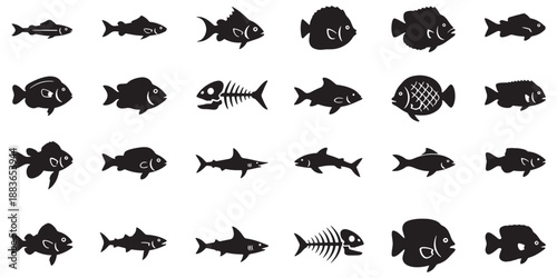 Mega collection of 24 fish silhouettes and marine icons, set of shark, tuna, and fish bone symbols in black solid shapes for seafood restaurant, fishing club, and ocean logo design.