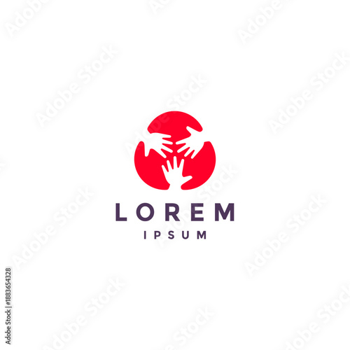 Three Hands Meet in a Rounded Triangle Logo Design. Three Open Hands in a Rounded Triangle Logo Design.