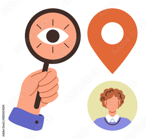 Identity, location tracking, personal data security, recruitment, human resources, navigation tools. Hand holding magnifying glass with eye, map marker and person icon. Identity and location
