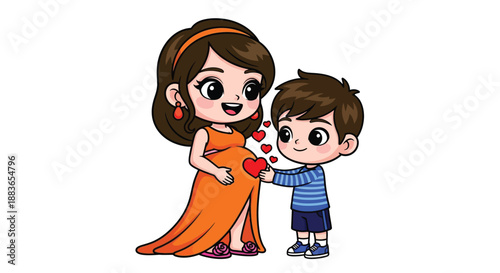 Cartoon illustration of a young girl in an orange dress receiving a bouquet of red flowers from a smiling boy in a blue striped shirt against a clean white background.