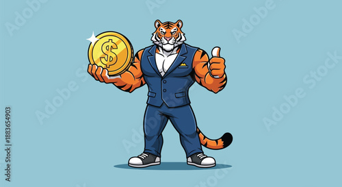Cartoon tiger mascot in a blue business suit holding a gold coin and giving a thumbs up on a light blue background.