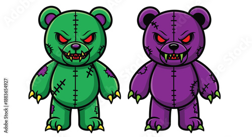 Two cartoon-style monstrous teddy bears with stitched bodies and sharp claws standing against a white background in purple and green colors.