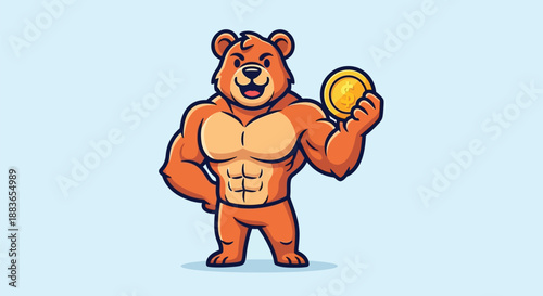 A muscular cartoon bear holding a coin in a light blue background with a cheerful expression.