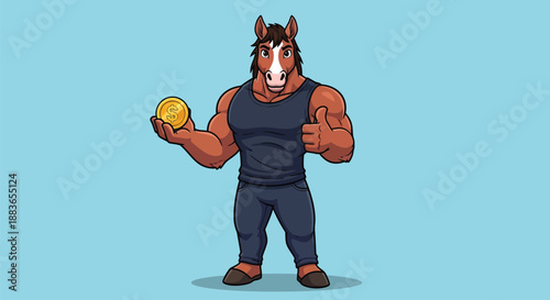 A muscular cartoon horse character wearing a navy blue tank top and holding a yellow ball against a light blue background with a playful mood.