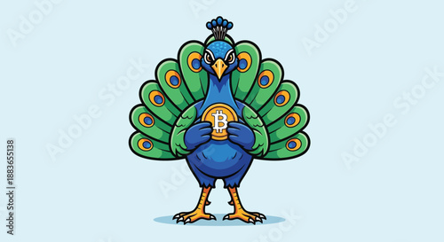 Cartoon peacock holding a coin on a light blue background with colorful feathers spread out.