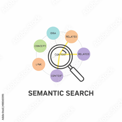 A vector graphic illustration of semantic search concept with magnifying glass and connected nodes